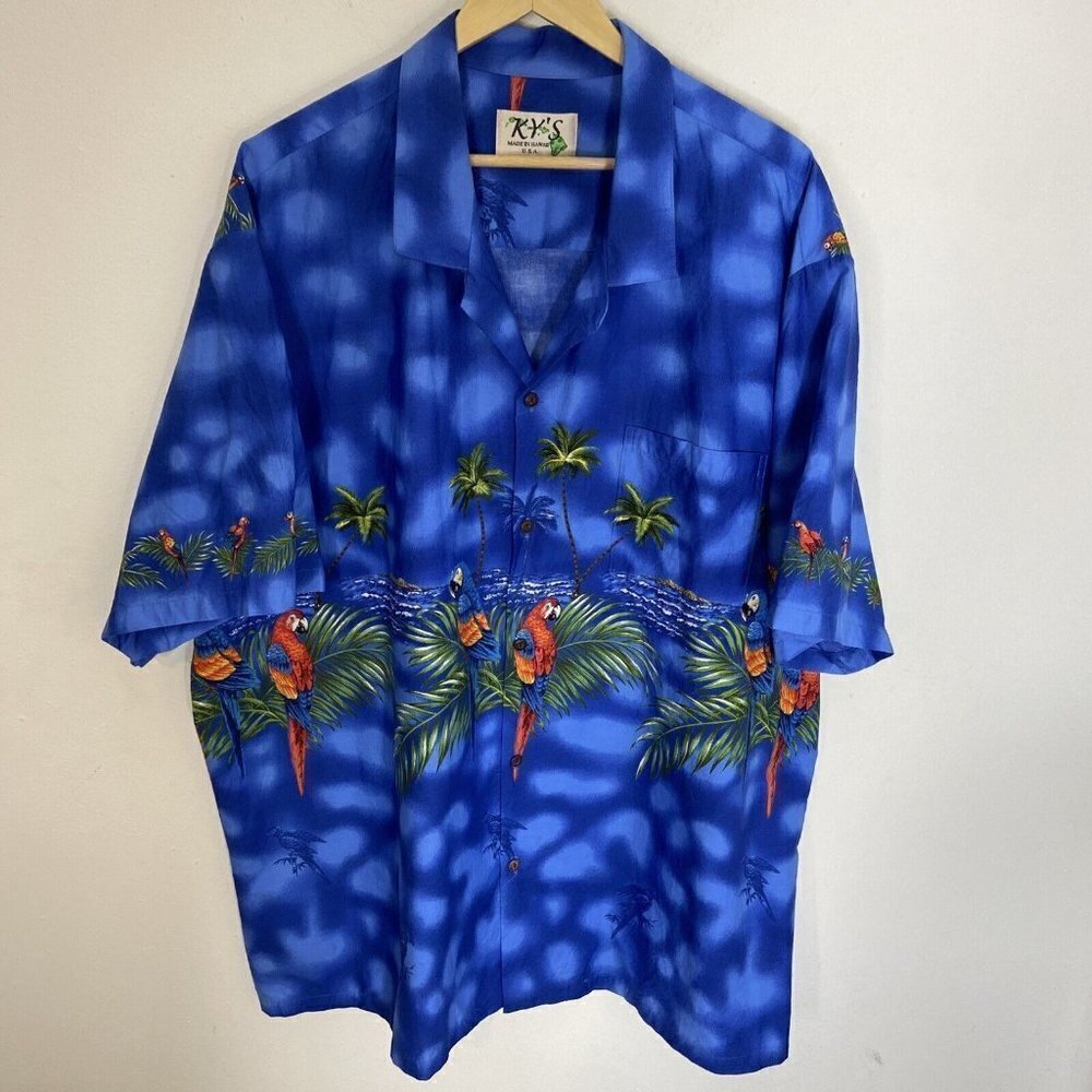 Vintage KY’s‎ Men 4XL Hawaiian Shirt Parrots Macaw Ocean Tiki USA Hawaii
